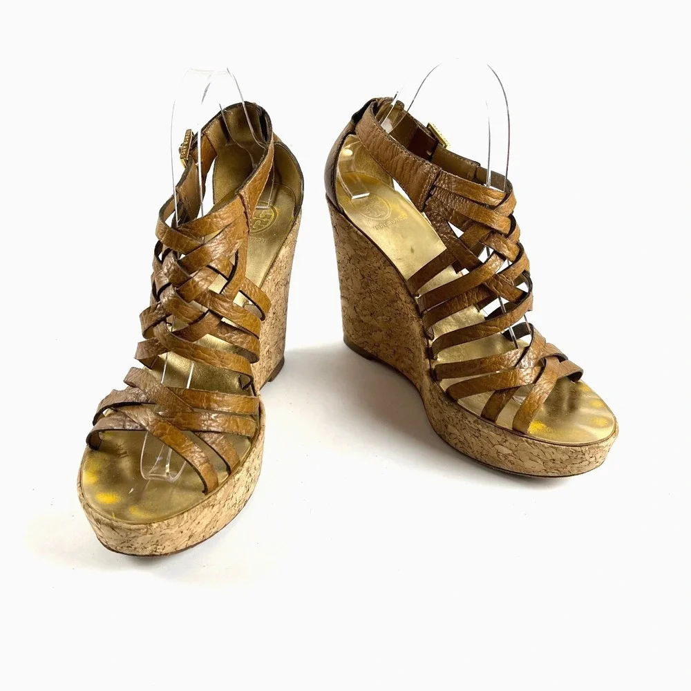 TORY BURCH Anamarte Brown Cork Wedge Platform Sandals Size‎ 9.5 M Leather Buckle